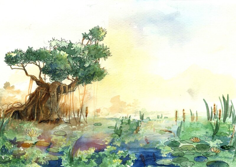 Watercolor swamp landscape