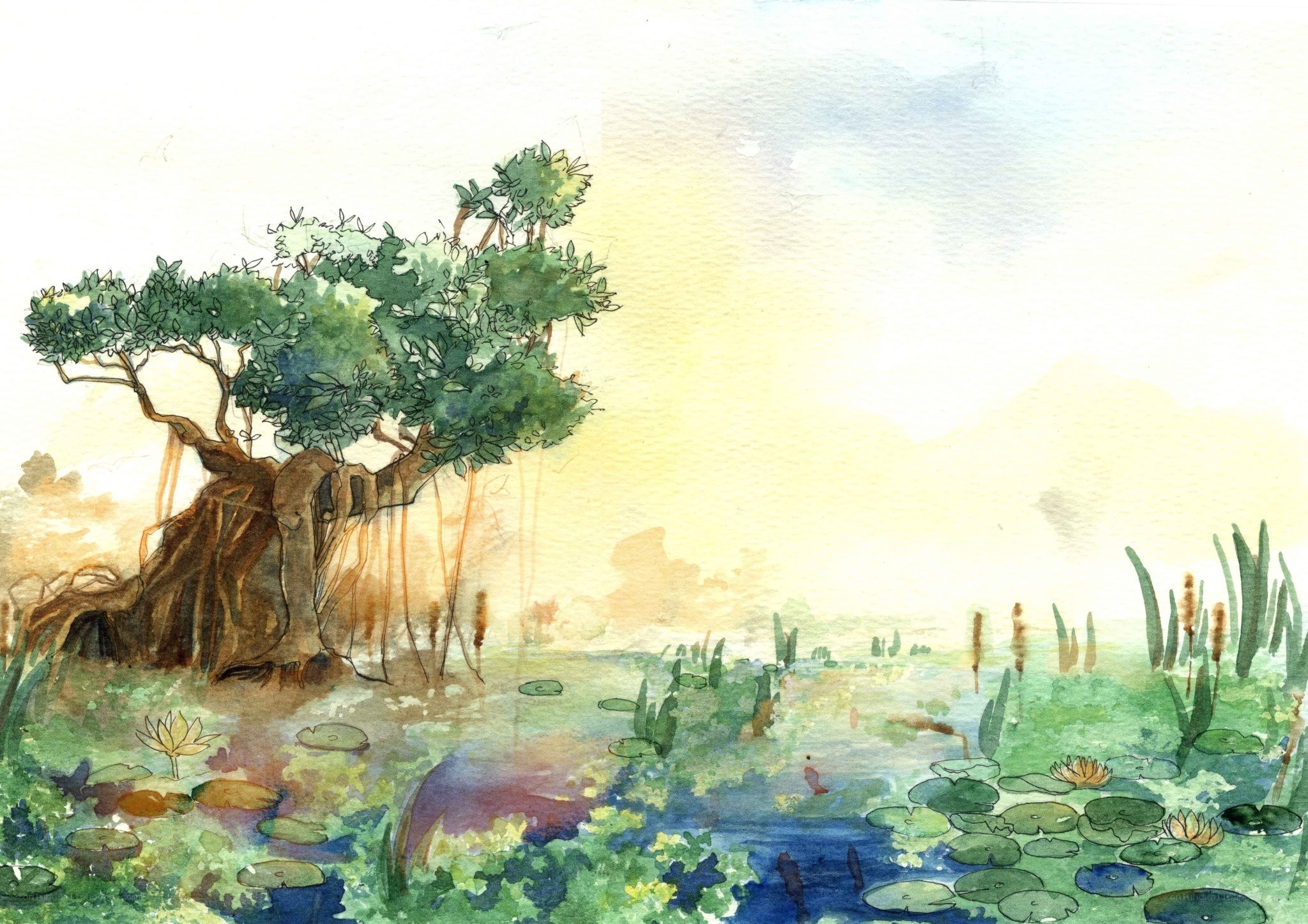Watercolor swamp landscape