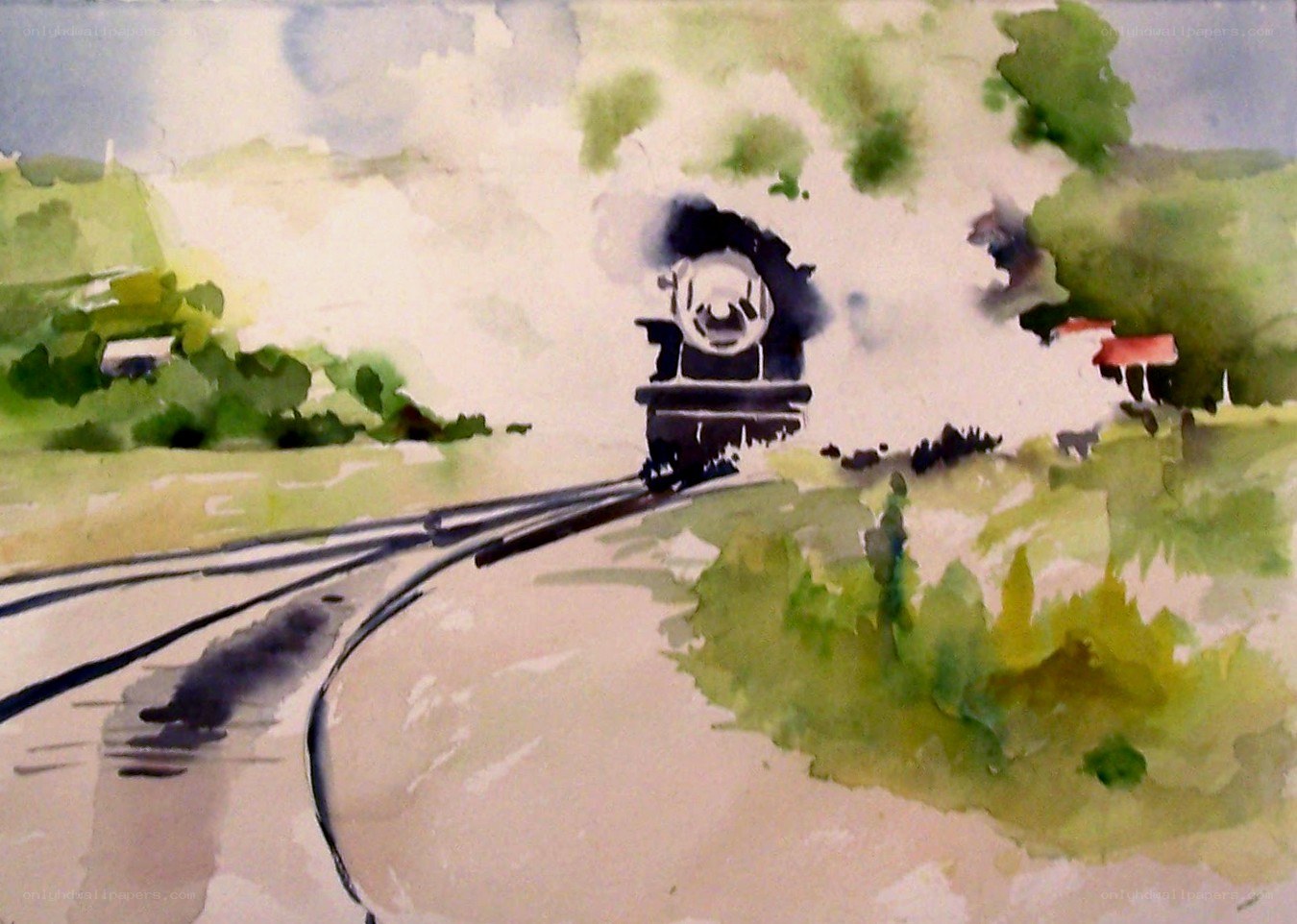 Watercolor train landscape