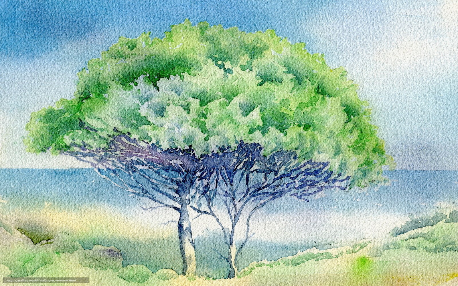 Watercolor tree by the sea