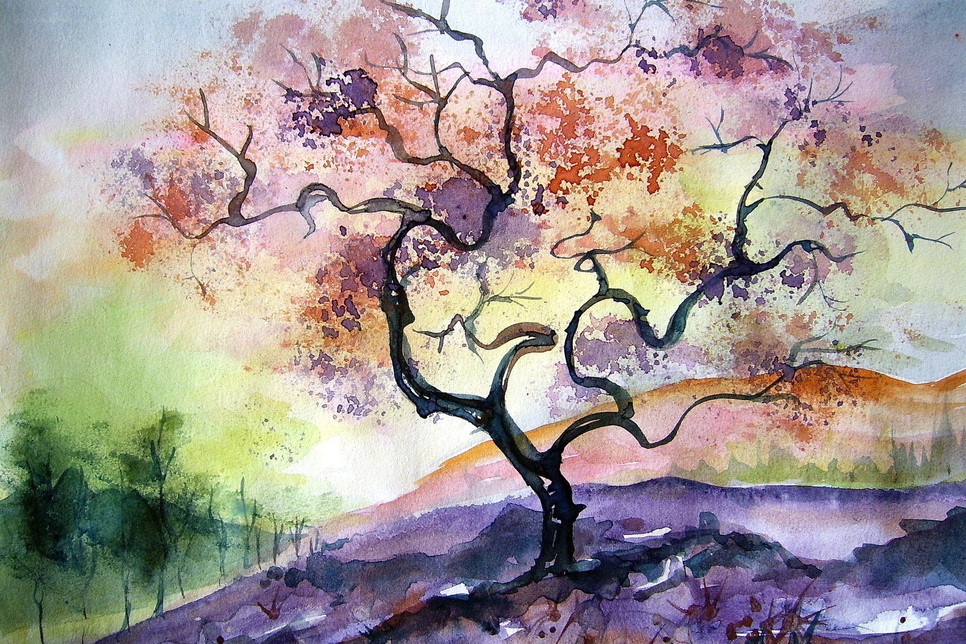 Watercolor tree in autumn