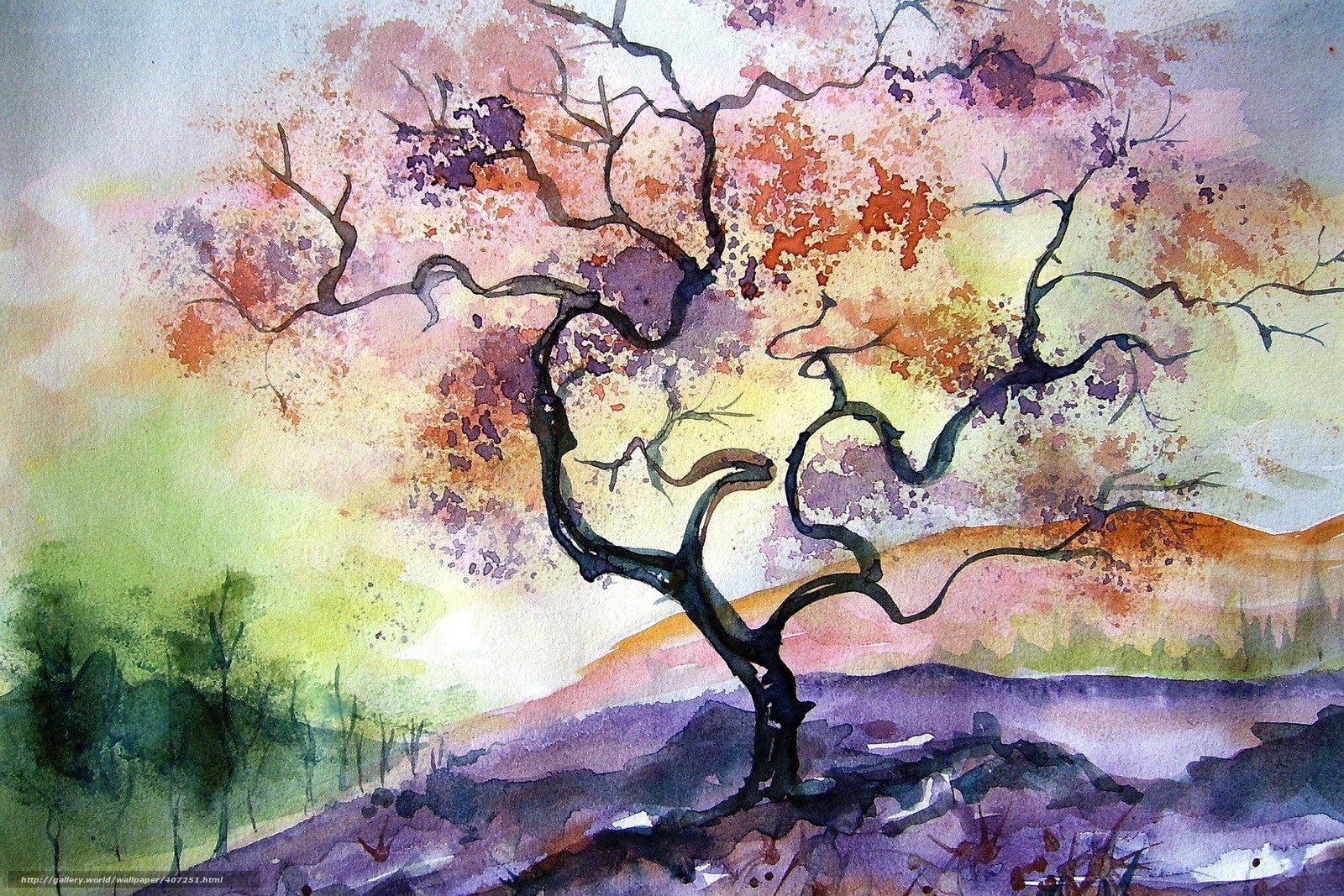 Watercolor tree landscape