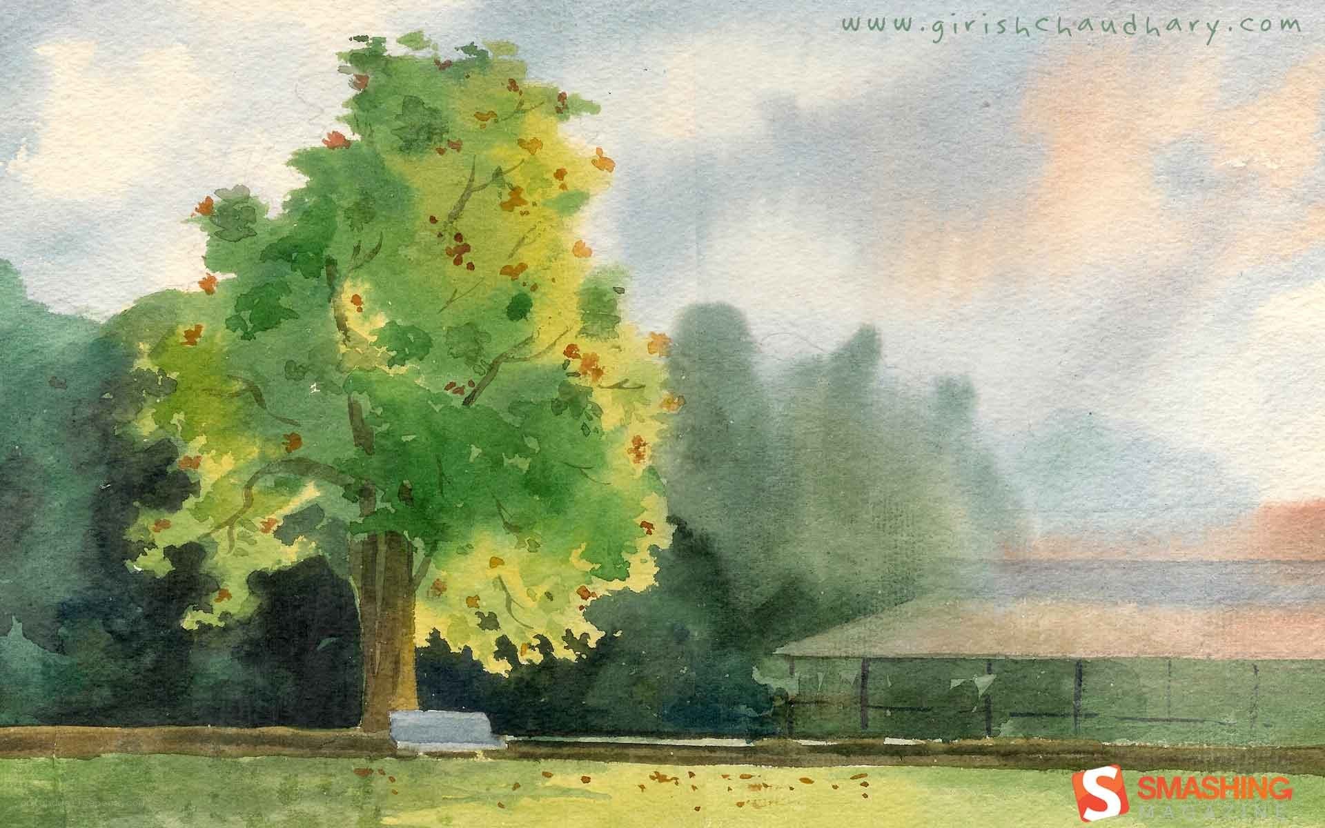 Watercolor tree landscape