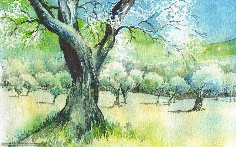 Watercolor tree landscape