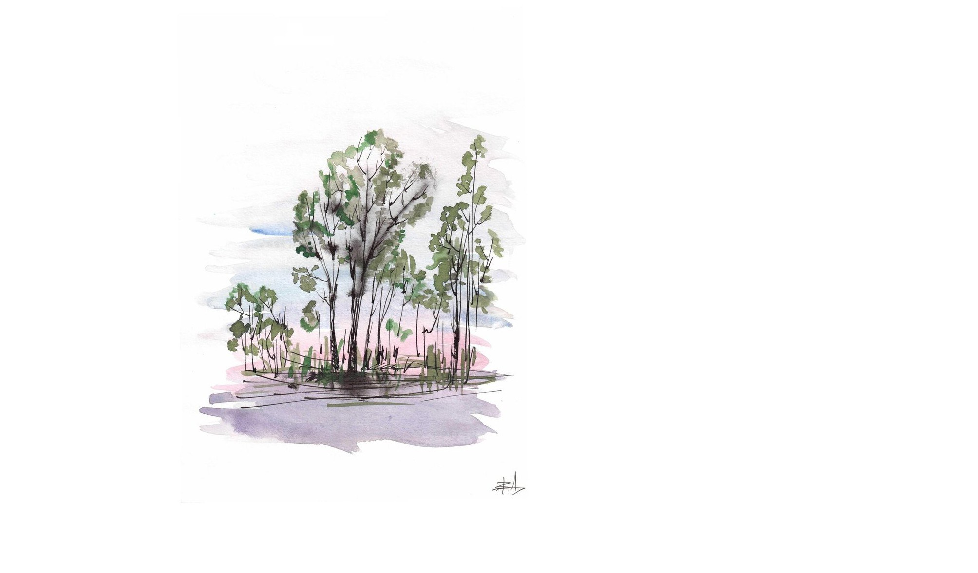 Watercolor trees by water