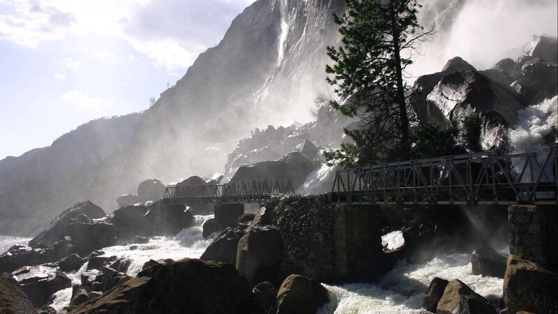 Waterfall and Bridge — Gray