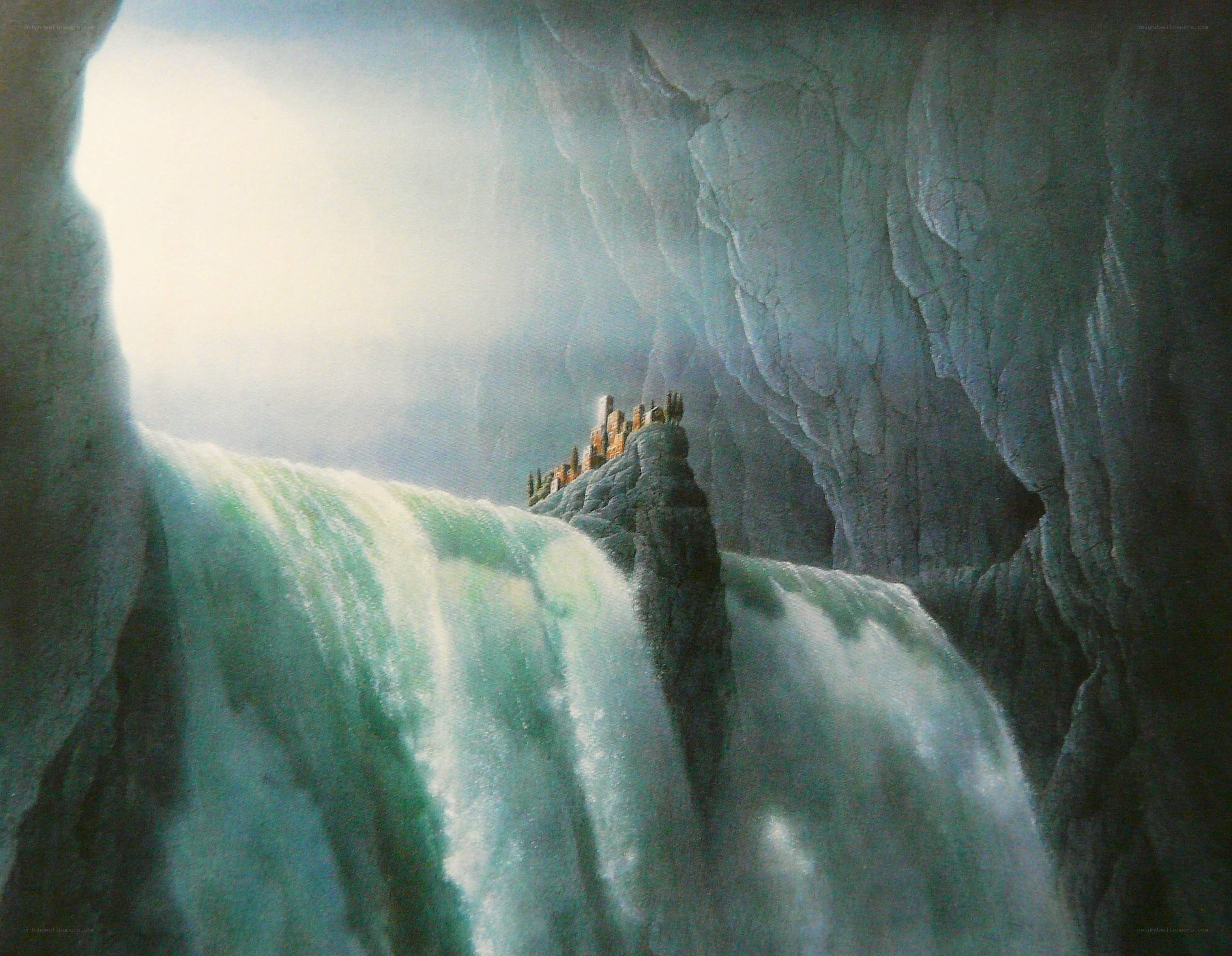 Waterfall and castle in a cave