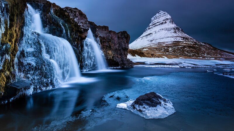Waterfall and Mountain — Blue, Dramatic, Winter, Photograph