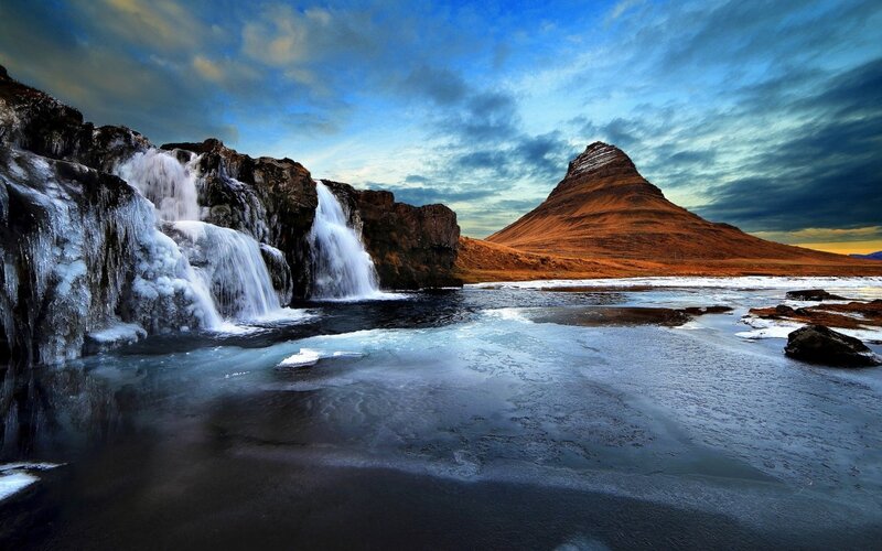 Waterfall and Mountain — Blue, Dramatic, Winter
