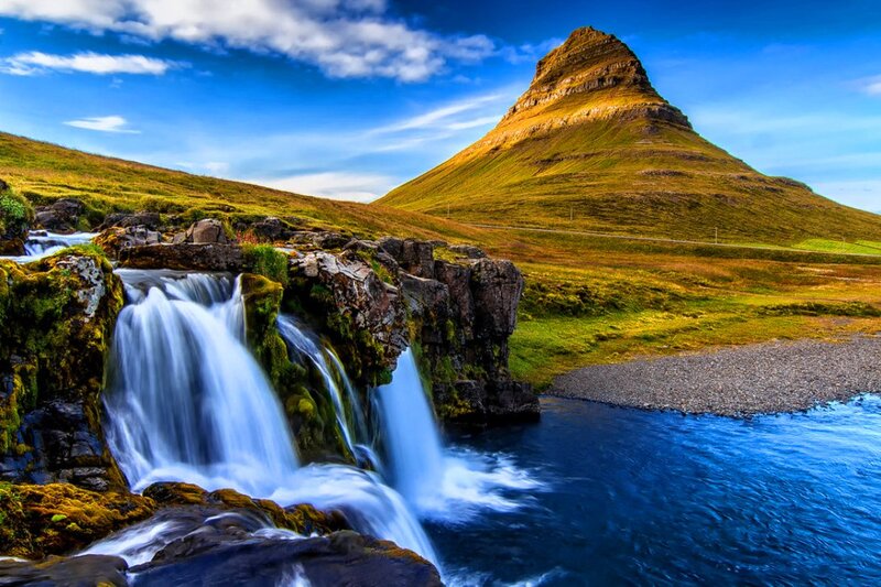 Waterfall and Mountain — Blue, Serene, Afternoon