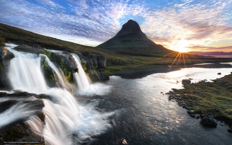 Waterfall and Mountain — Blue, Serene, Sunrise, Photograph