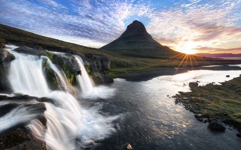 Waterfall and Mountain — Blue, Serene, Sunrise