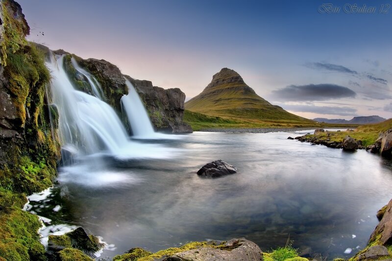 Waterfall and Mountain — Blue, Serene, Sunset, Photograph