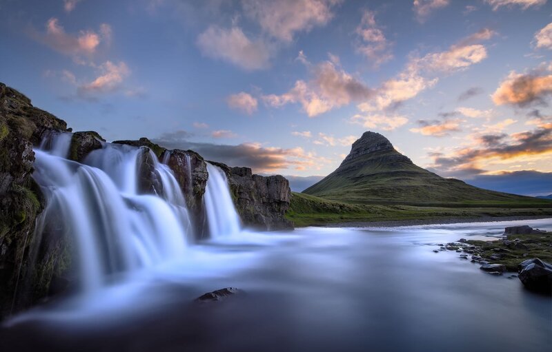 Waterfall and Mountain — Blue, Serene, Sunset