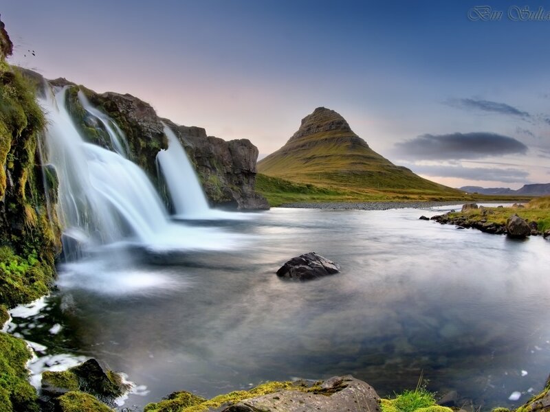 Waterfall and Mountain — Blue, Serene