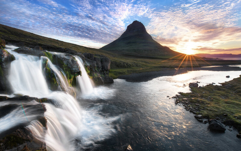 Waterfall and Mountain — Blue