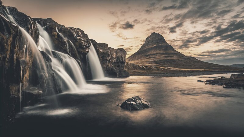 Waterfall and Mountain — Brown