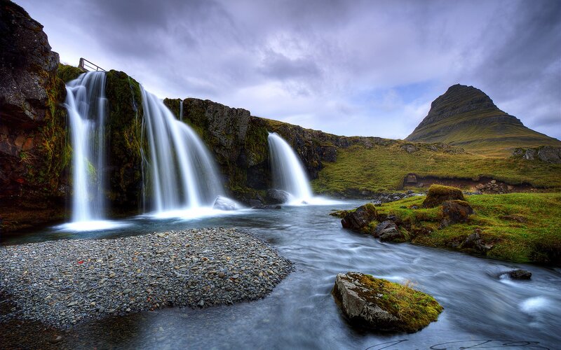 Waterfall and Mountain — Green, Dramatic, Photograph