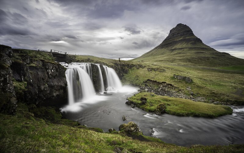 Waterfall and Mountain — Green, Dramatic