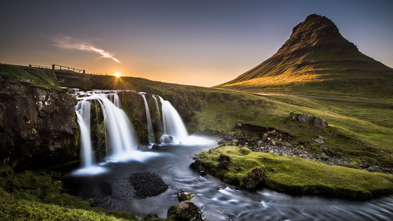 Waterfall and Mountain — Green, Serene, Sunrise