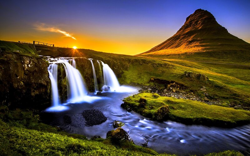 Waterfall and Mountain — Green, Serene, Sunset, Photograph