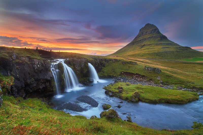 Waterfall and Mountain — Green, Serene