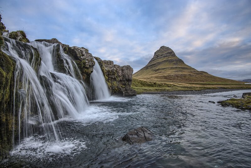Waterfall and mountain landscape