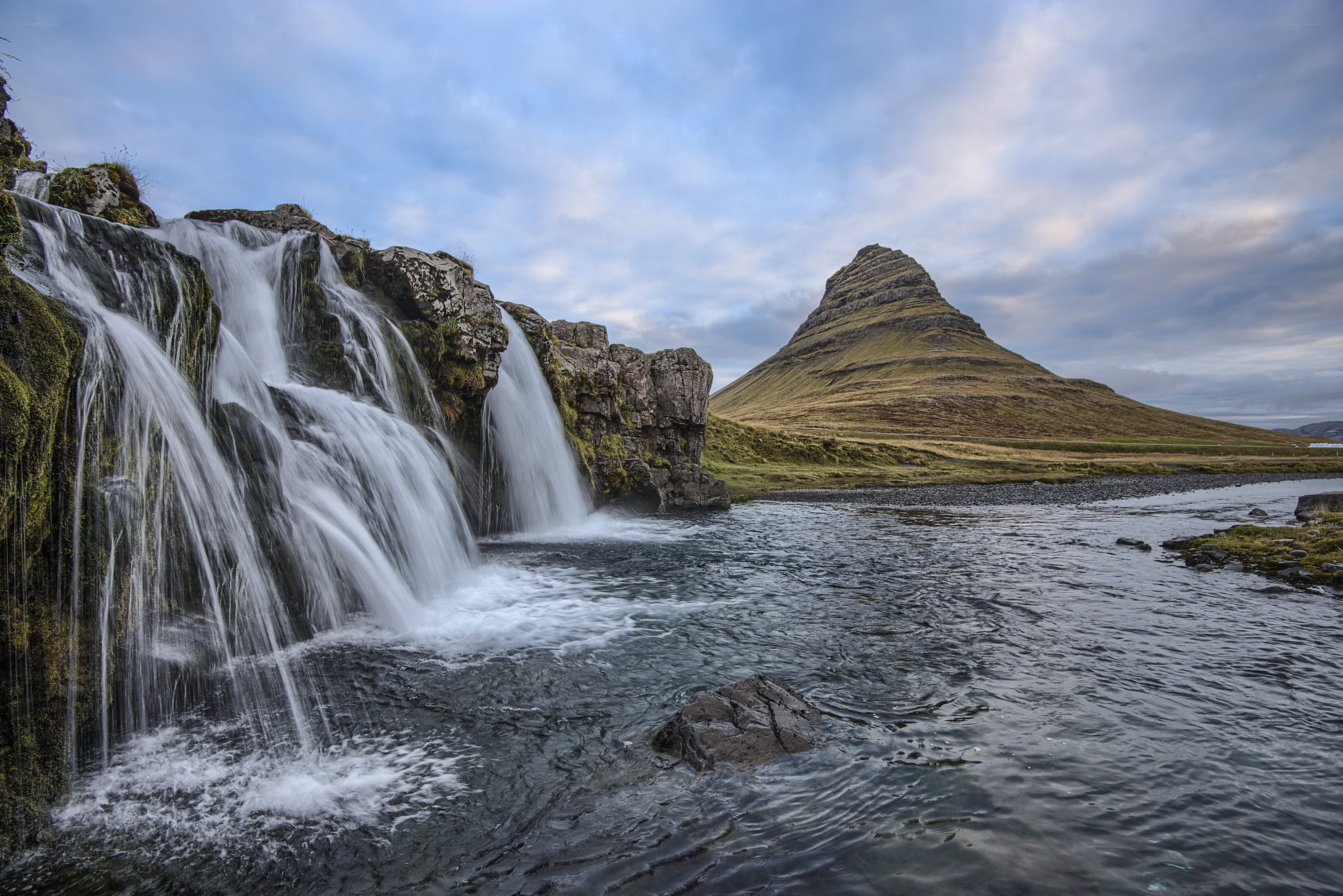Waterfall and mountain landscape