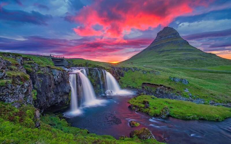Waterfall and Mountain — Red