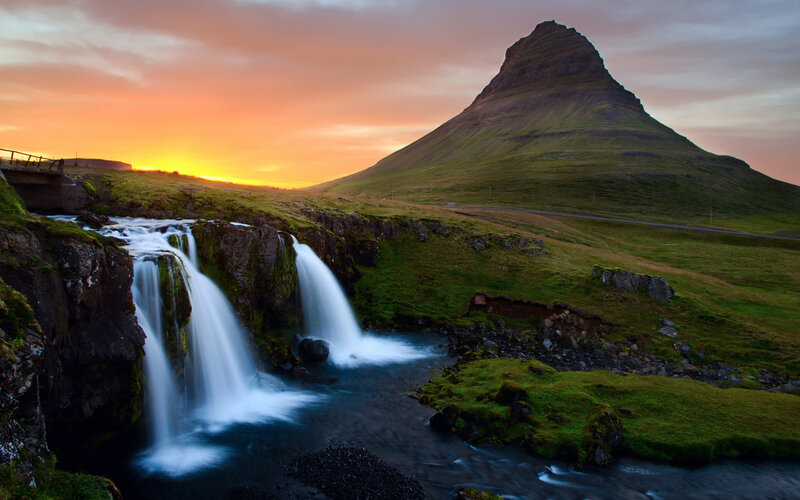 Waterfall and Mountain