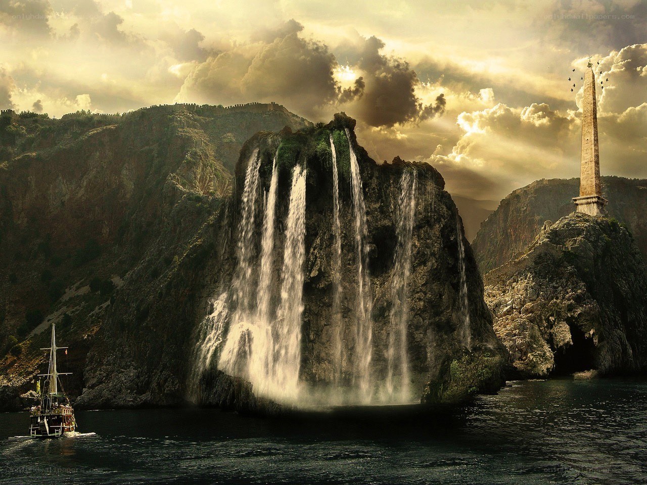 Waterfall and Obelisk Landscape