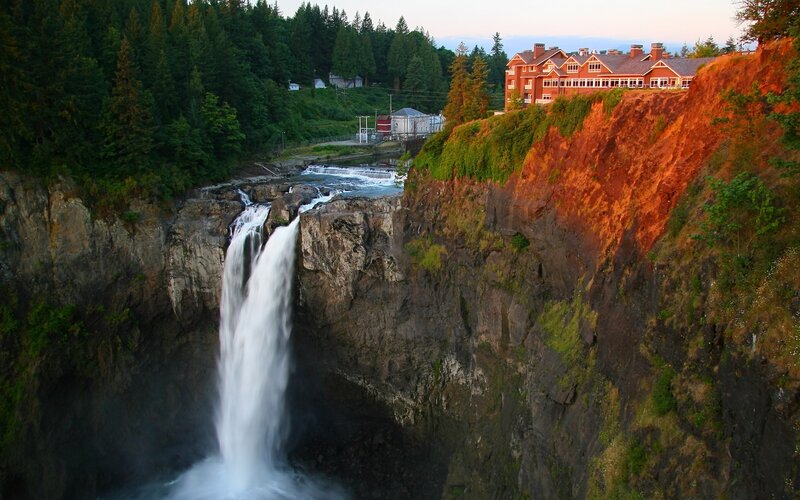 Waterfall and Red Building
