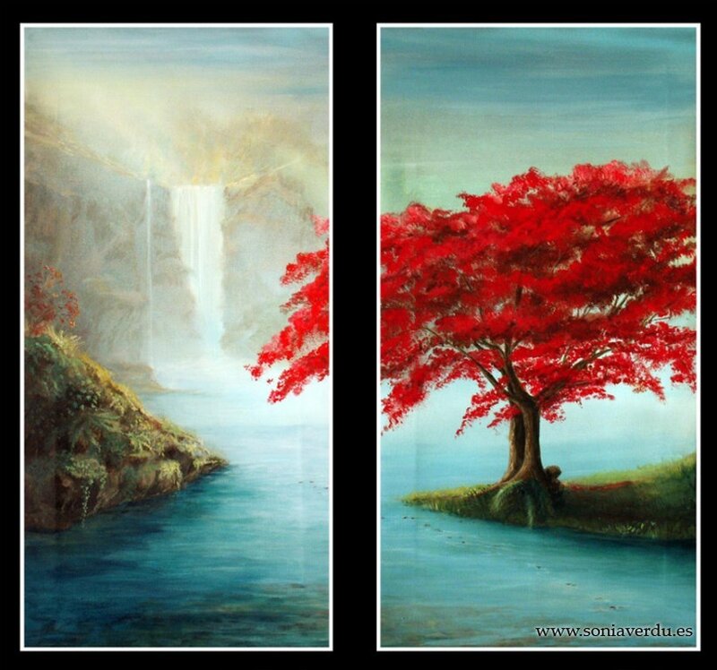 Waterfall and Red Tree