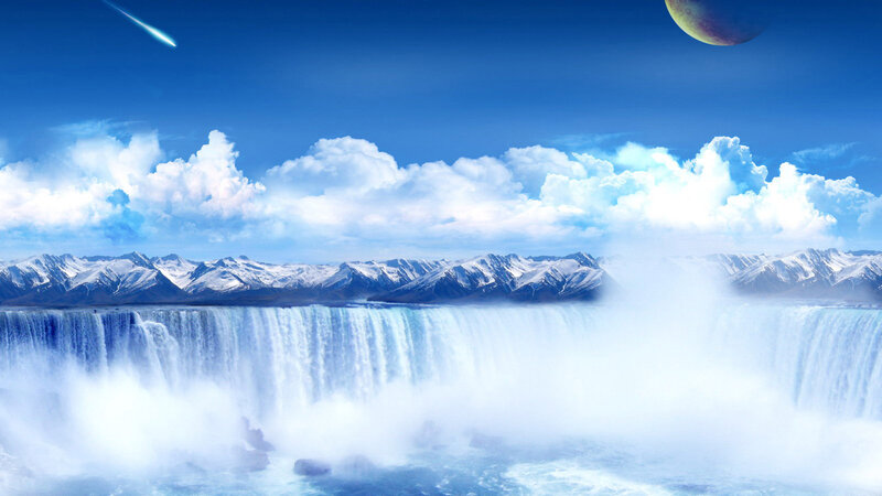 Waterfall and snowy mountains