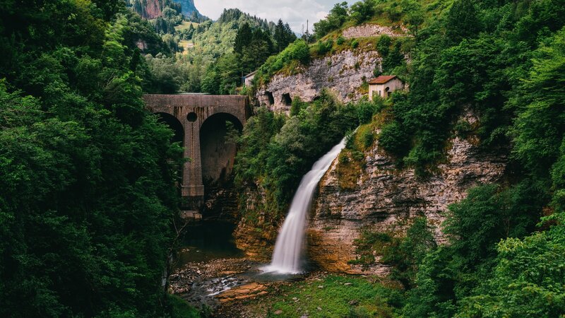 Waterfall and Stone Bridge — Green, Serene