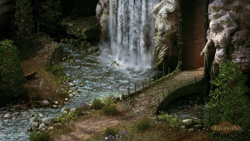 Waterfall and stone bridge
