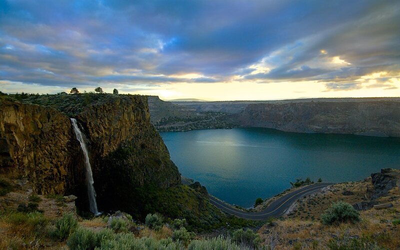 Waterfall at a lake in a canyon