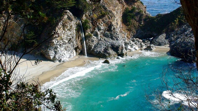 Waterfall at Beach Cove — Blue, Serene, Afternoon, Photograph, Ocean, Cliffs, Green