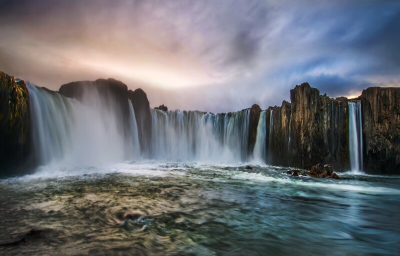 Waterfall at Dusk — Blue, Dramatic, Sunset, Photograph, Cliffs, River