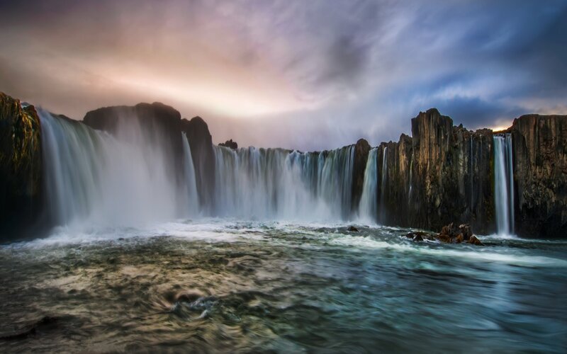 Waterfall at Dusk — Blue, Dramatic, Sunset, Photograph, Cliffs