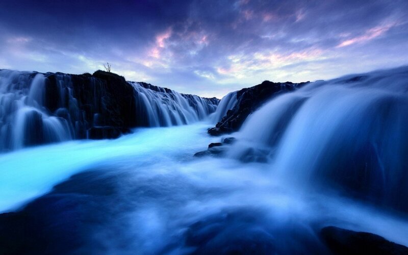 Waterfall at Dusk — Blue, Dramatic, Sunset, Photograph, River
