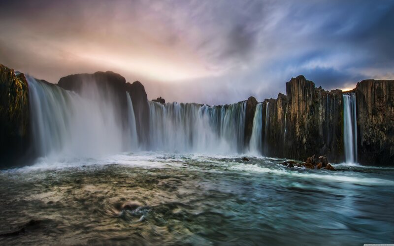 Waterfall at Dusk — Blue, Dramatic, Sunset, Photograph, Rock Formations