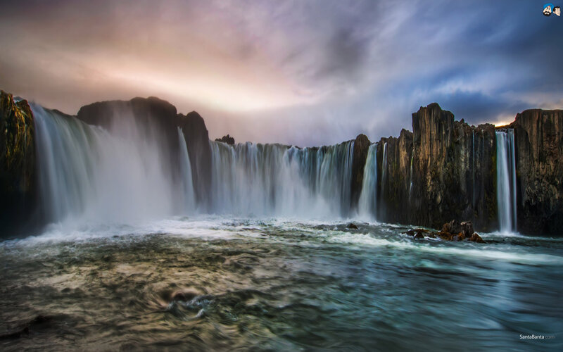 Waterfall at Dusk — Blue, Dramatic, Sunset, Photograph