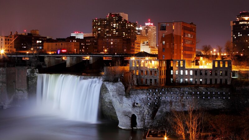 Waterfall at Night — Black, Dramatic, Photograph, City Skyline