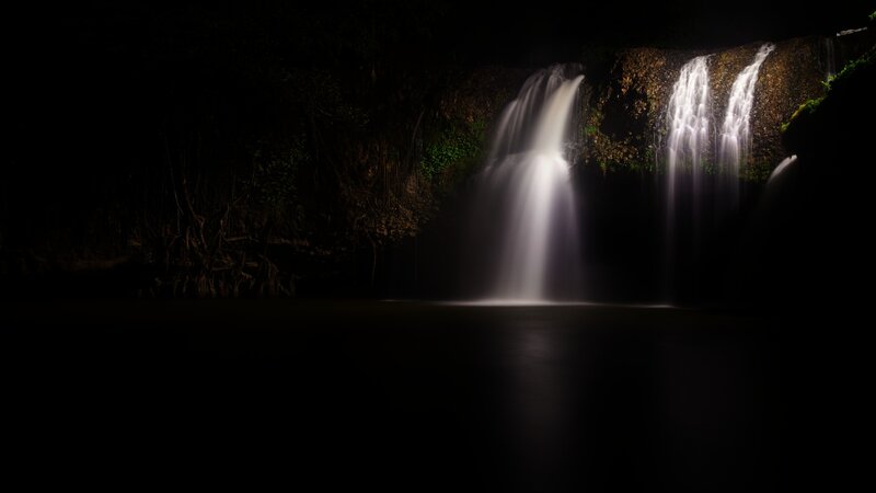 Waterfall at Night — Black, Dramatic, Photograph