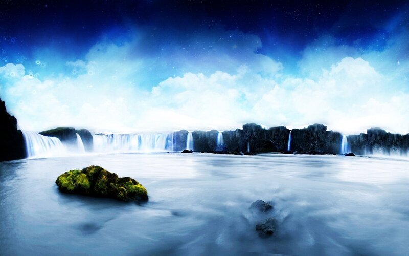 Waterfall at Night — Blue, Serene, Digital Art, Clouds