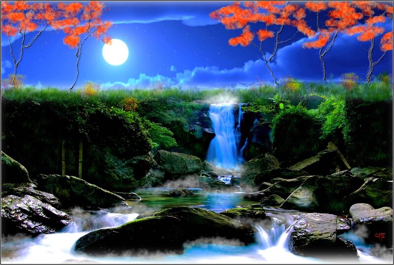 Waterfall at Night — Blue, Serene, Digital Art, Moon
