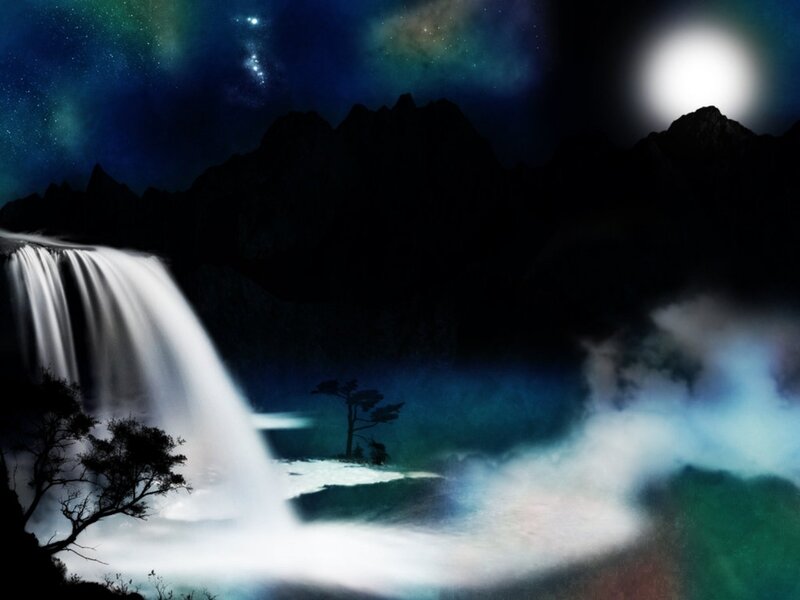 Waterfall at Night — Blue, Serene