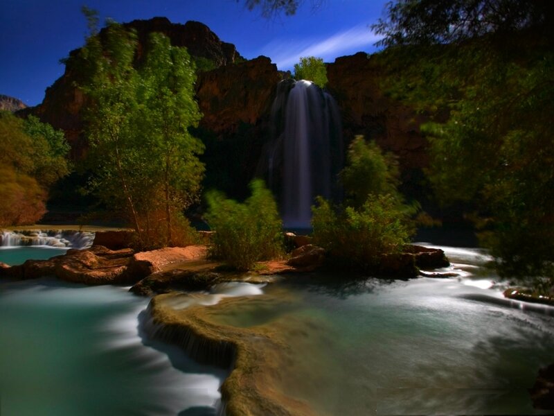 Waterfall at Night — Blue