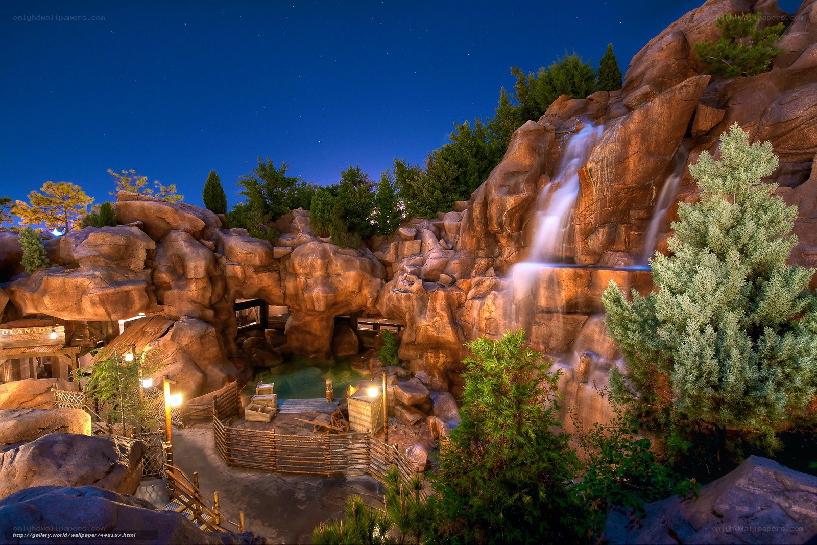 Waterfall at night in a themed park